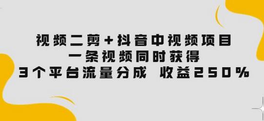 视频二剪+抖音中视频项目：一条视频获得3个平台流量分成收益250%价值4980-稳赚族