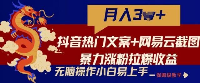 抖音热门文案+网易云截图暴力涨粉拉爆收益玩法，小白无脑操作，简单易上手-稳赚族