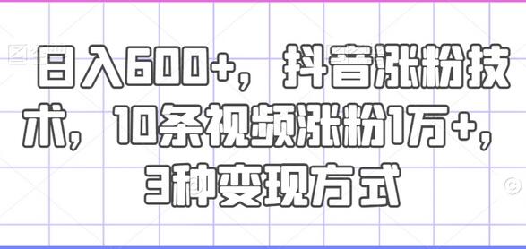 日入600+，抖音涨粉技术，10条视频涨粉1万+，3种变现方式-稳赚族