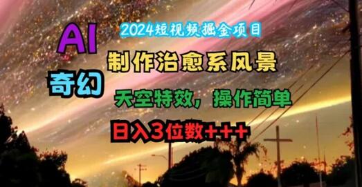 2024短视频掘金项目，AI制作治愈系风景，奇幻天空特效，操作简单，日入3位数-稳赚族