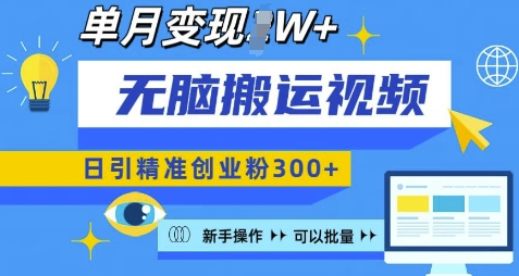 无脑搬运视频号可批量复制，新手即可操作，日引精准创业粉300+，月变现过W-稳赚族