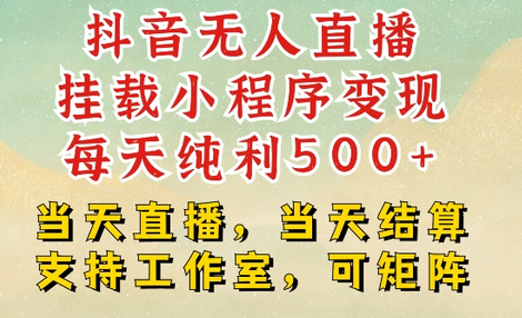 抖音无人直播挂载小程序变现每天纯利500+当天直播，当天结算支持工作室，可矩阵-稳赚族